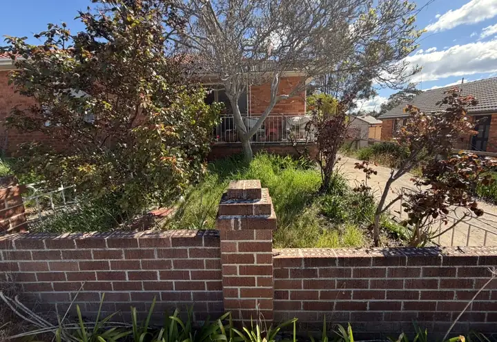 Before: front garden overgrown behind a brick fence
